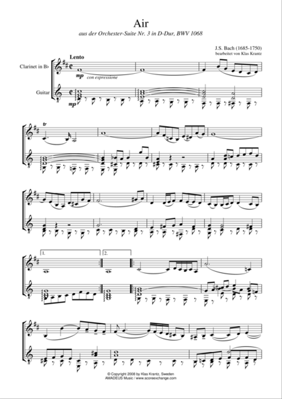 Air (on the G string) BWV 1068 for clarinet in Bb and guitar B-Flat Clarinet scores gallery preview page 1