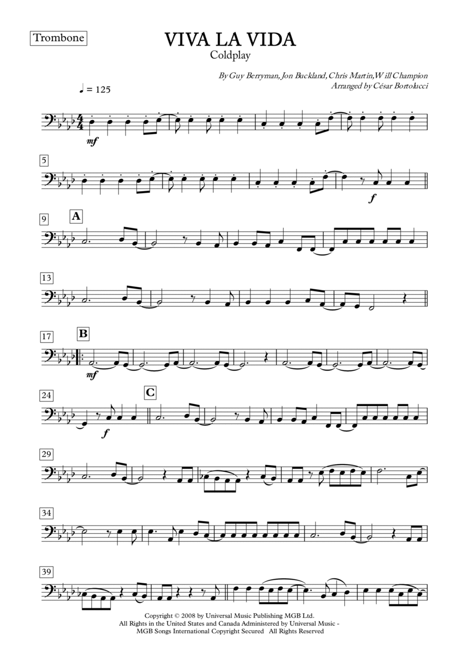 Viva La Vida Trombone Solo scores gallery preview page 1