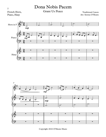 Dona Nobis Pacem, Trio for French Horn, Harp, Piano by Serena O'Meara Horn - Digital Sheet Music