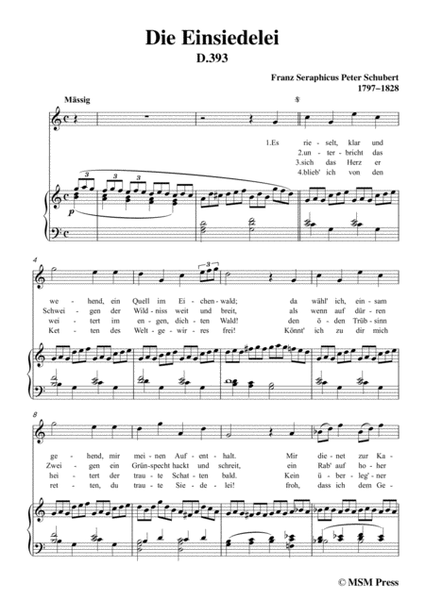 Schubert-Die Einsiedelei(The Hermitage),in C Major,D.393,for Voice&Piano image number null