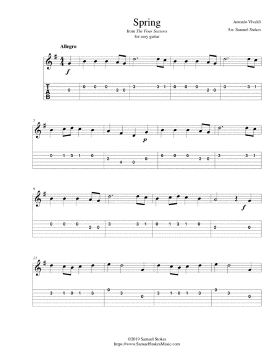 Spring - from Vivaldi's The Four Seasons - for easy guitar with TAB Acoustic Guitar scores gallery preview page 1