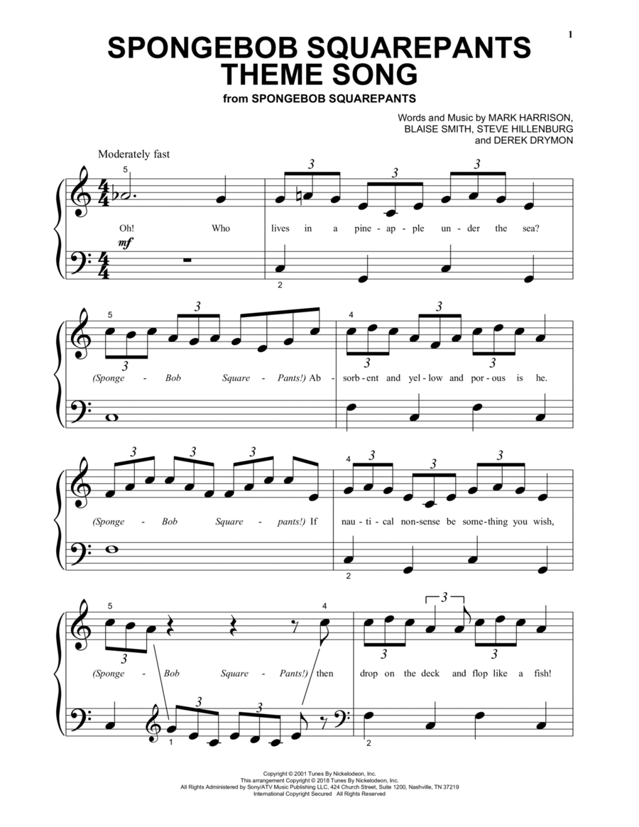 SpongeBob SquarePants Theme Song Piano Solo scores gallery preview page 1