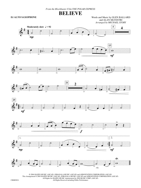Believe (from The Polar Express): E-flat Alto Saxophone