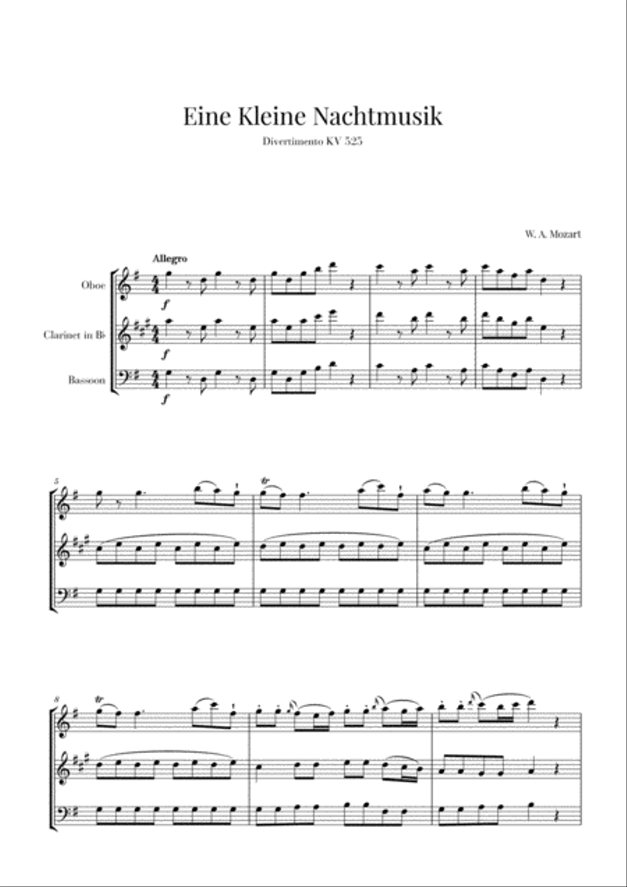 Eine Kleine Nachtmusik for Oboe, Clarinet and Bassoon Woodwind Ensemble scores gallery preview page 1