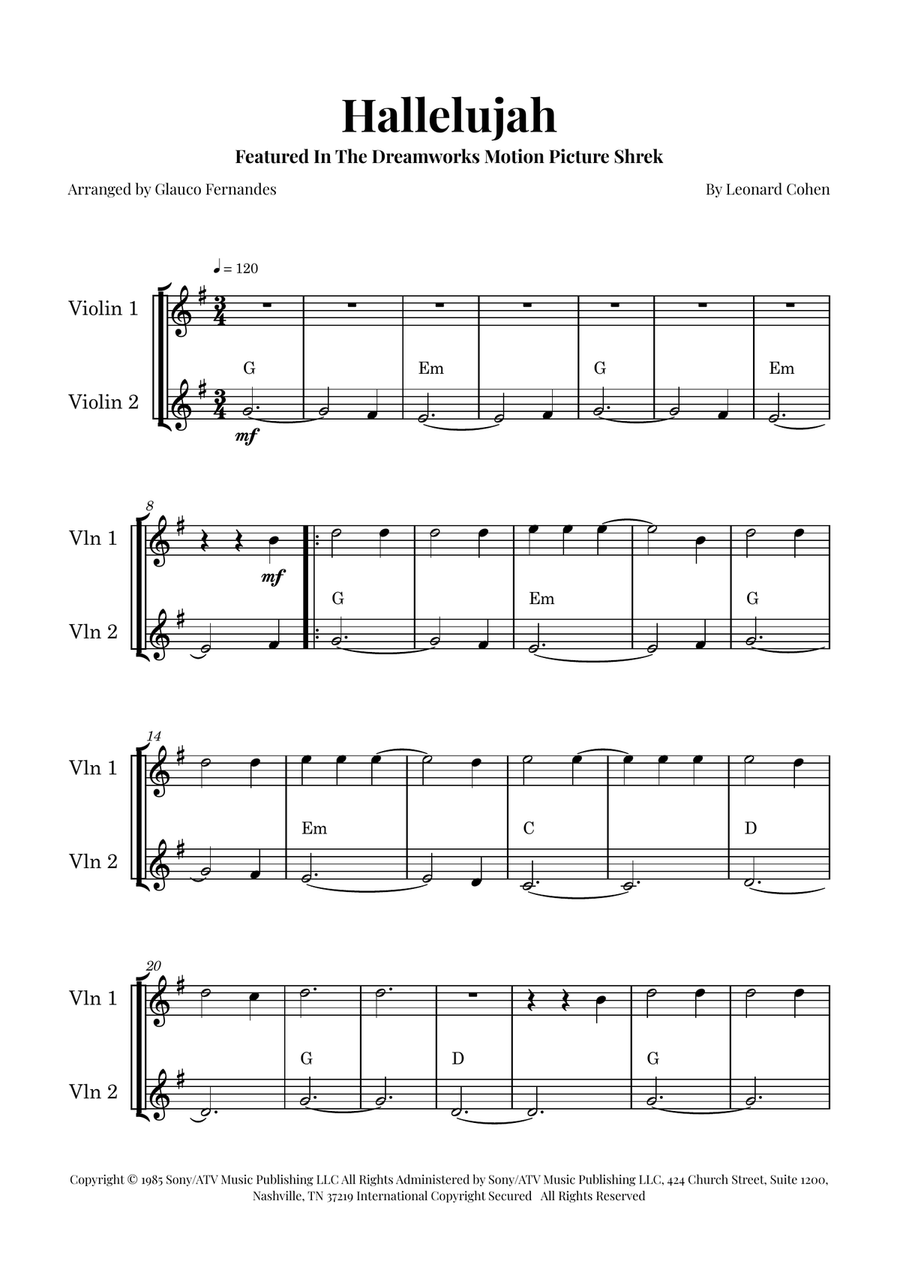 Hallelujah String Duet scores gallery preview page 1