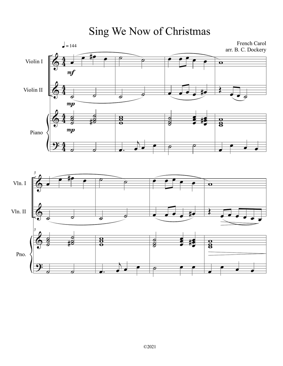 Sing We Now of Christmas (Violin Duet with Piano Accompaniment) String Duet scores gallery preview page 1