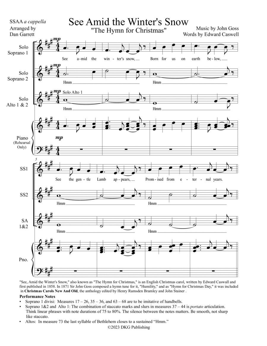 See Amid the Winter's Snow (a cappella) SSAA scores gallery preview page 1
