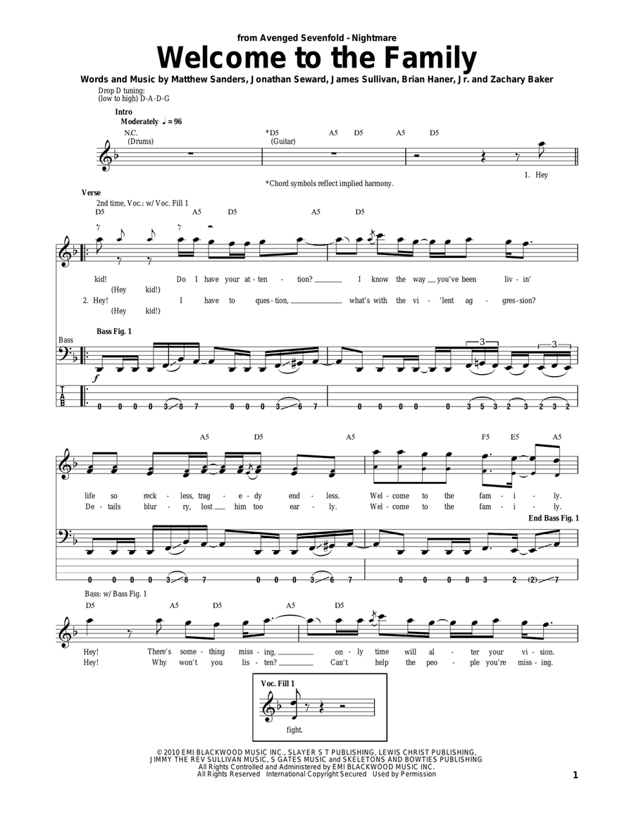 Welcome To The Family Bass Guitar Tablature scores gallery preview page 1