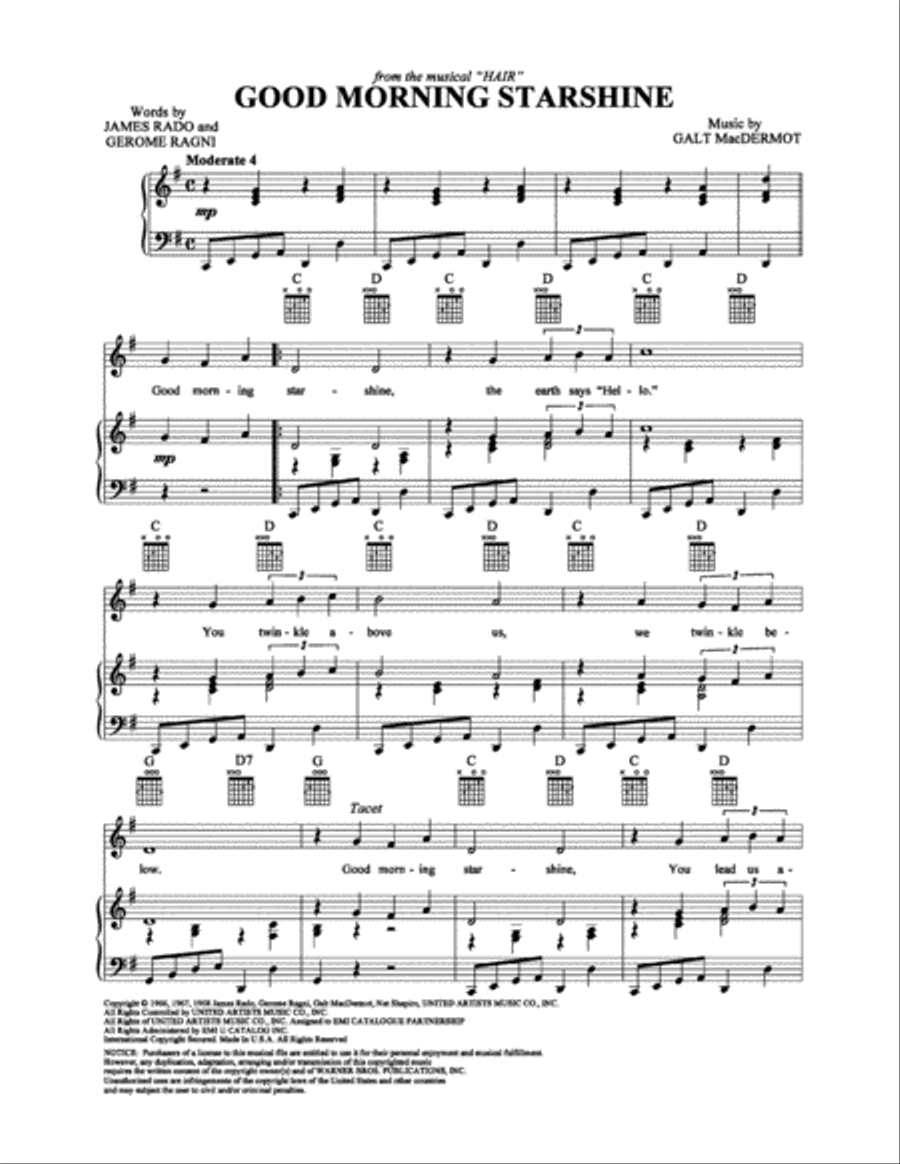 Good Morning Starshine Piano, Vocal, Guitar scores gallery preview page 1