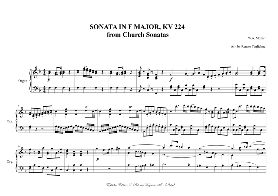 Mozart, SONATA IN F MAJOR, KV 224. From Church Sonatas. Arr. for solo image number null