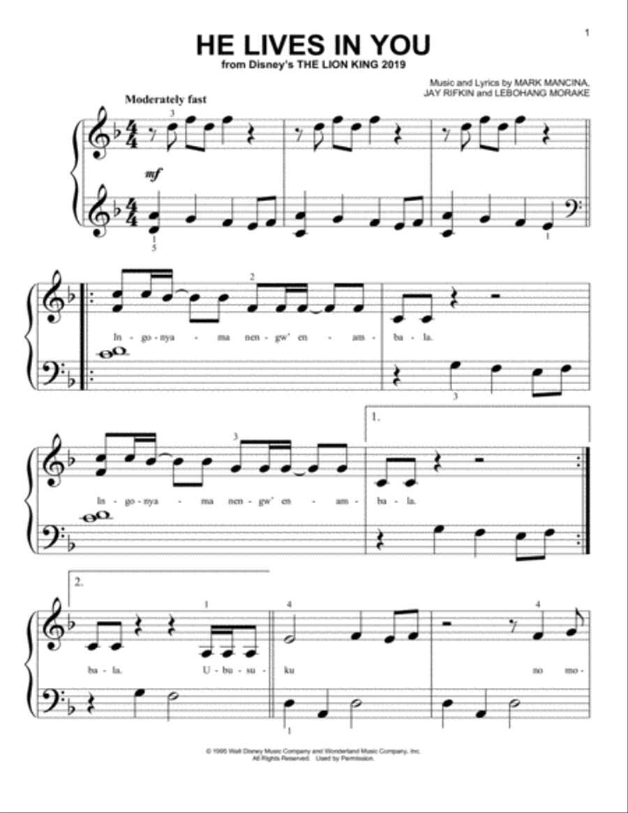 He Lives In You (from The Lion King 2019) Easy Piano scores gallery preview page 1