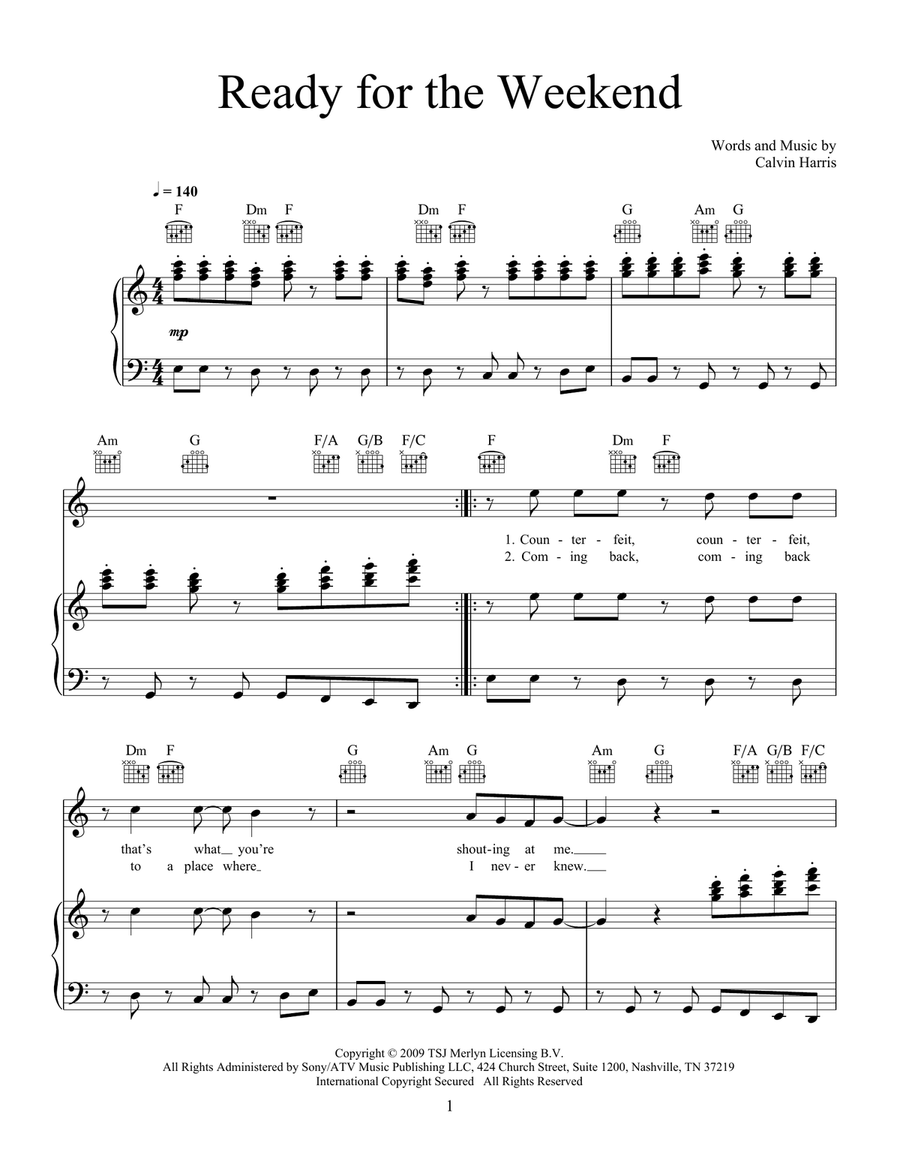 Ready For The Weekend Piano, Vocal, Guitar scores gallery preview page 1