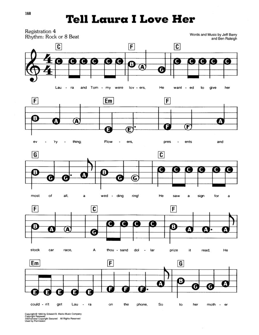 Tell Laura I Love Her Electronic Keyboard scores gallery preview page 1
