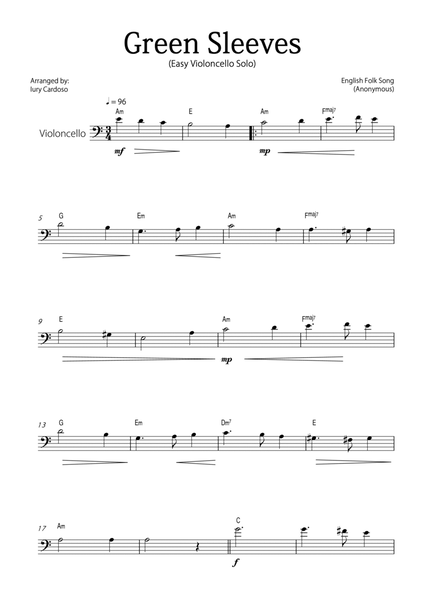 "Green Sleeves" - Beautiful easy version for CELLO SOLO. image number null
