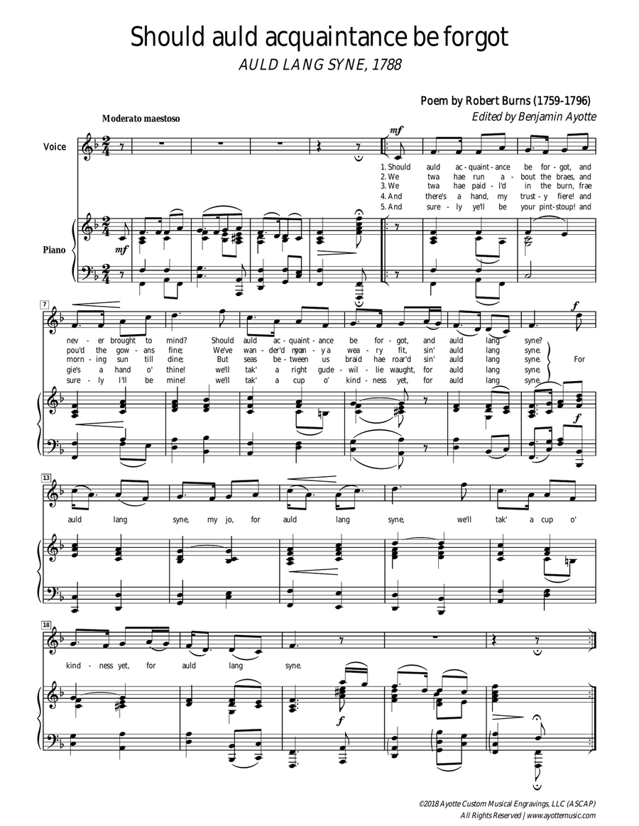 Robert Burns - Auld Lang Syne for solo voice and piano, F major Piano, Vocal scores gallery preview page 1