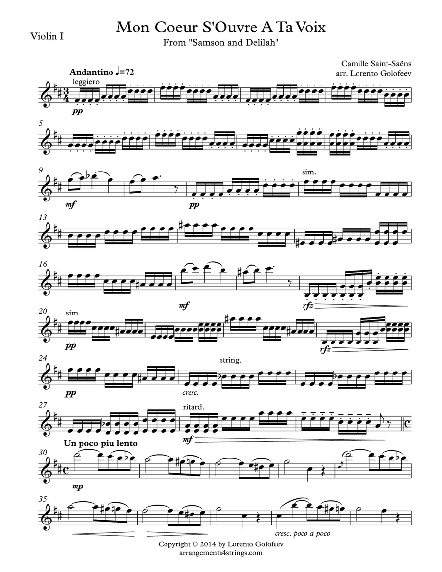 Mon Coeur S'Ouvre A Ta Voix from Samson and Delilah String Quartet scores gallery preview page 1