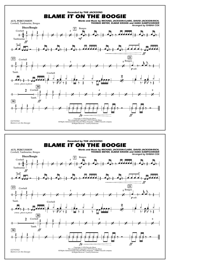 Blame It on the Boogie - Aux Percussion Marching Band scores gallery preview page 1