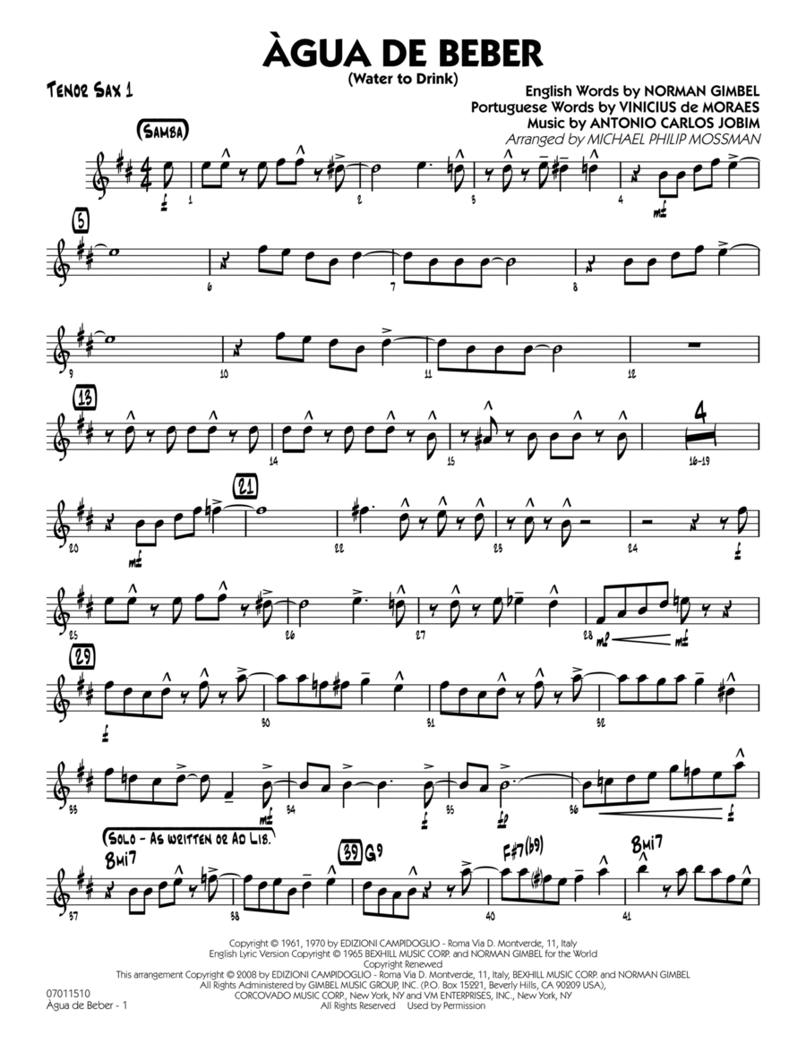 Agua de Beber (Water to Drink) - Tenor Sax 1 Tenor Saxophone scores gallery preview page 1