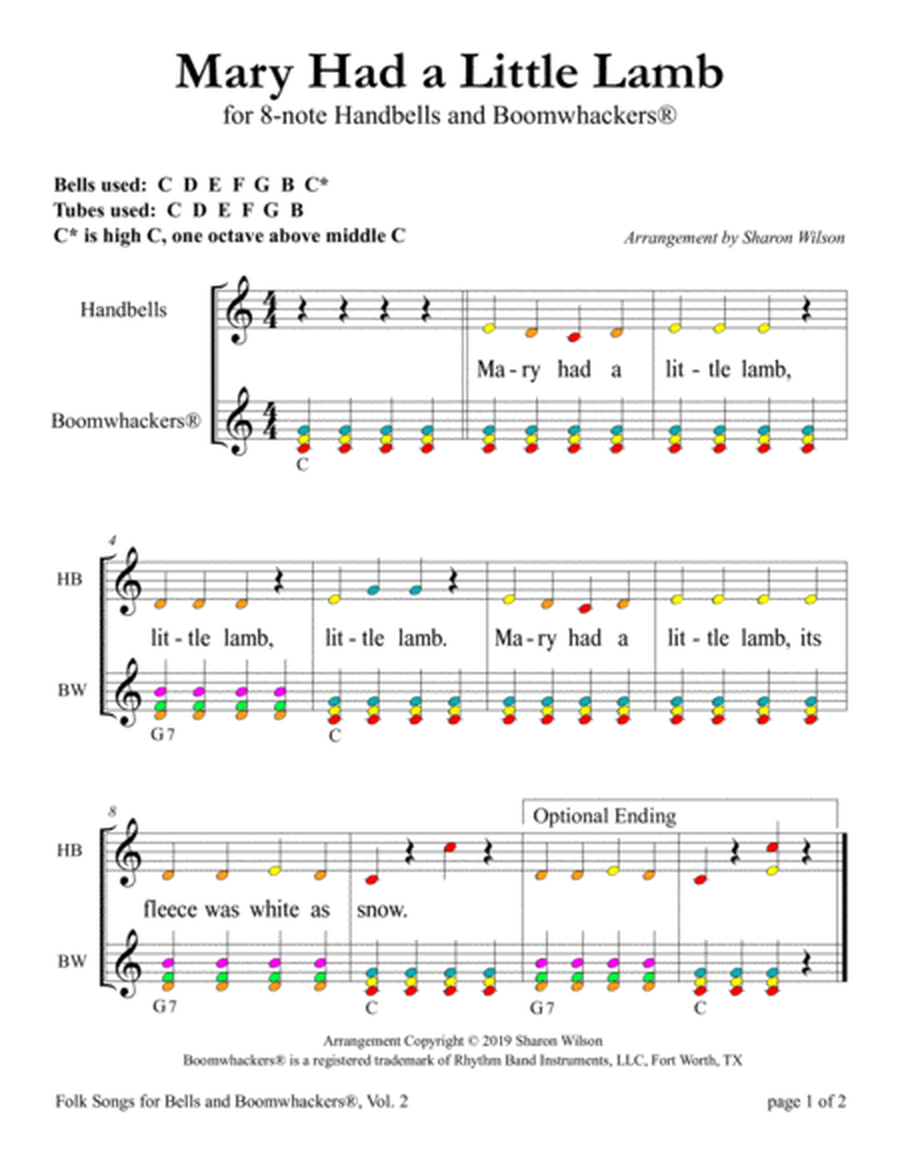 “Mary Had a Little Lamb” for 8-note Bells and Boomwhackers® (with Color Coded Notes) image number null