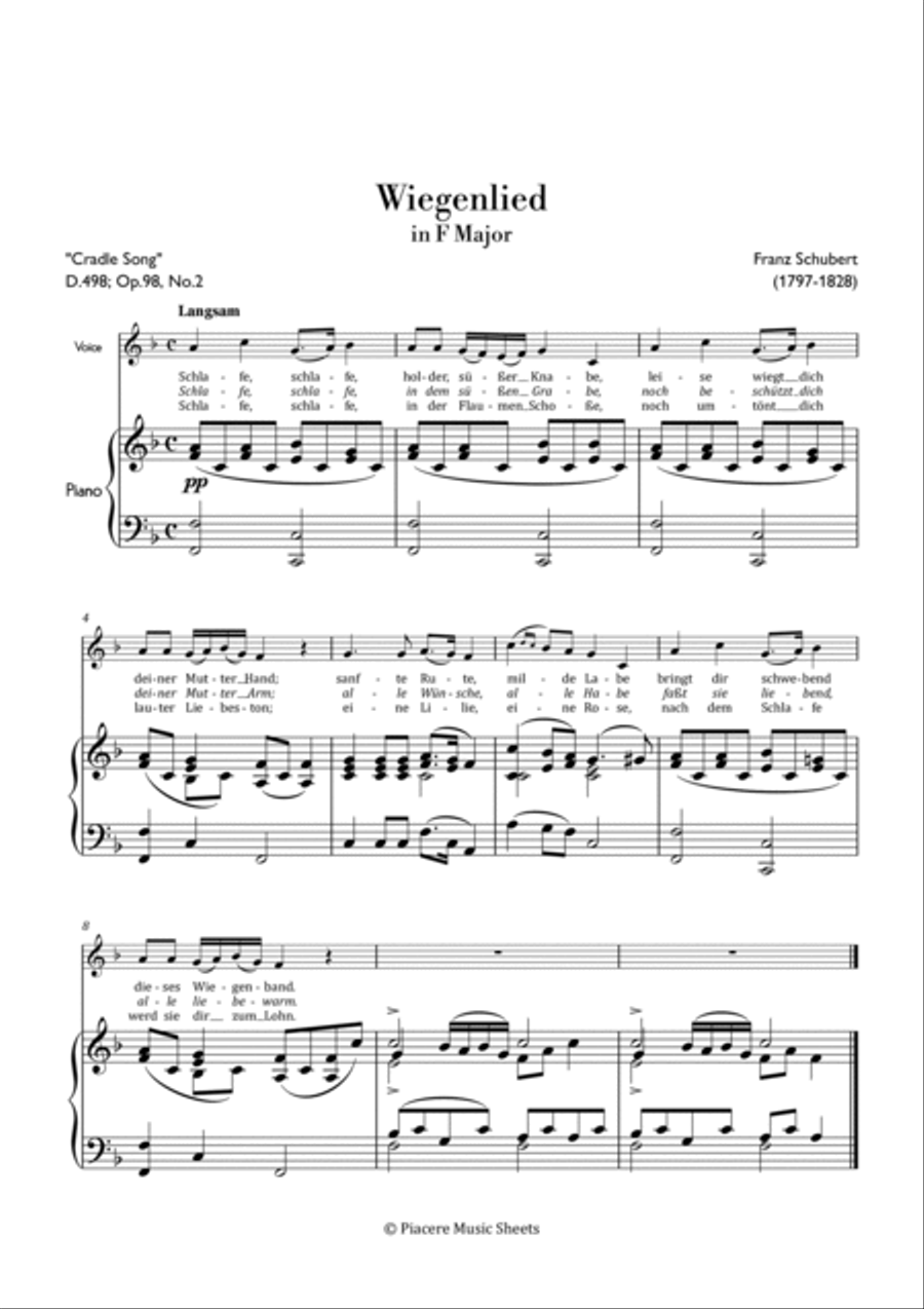 Schubert - Wiegenlied (Cradle Song) in F Major - Intermediate Voice scores gallery preview page 2
