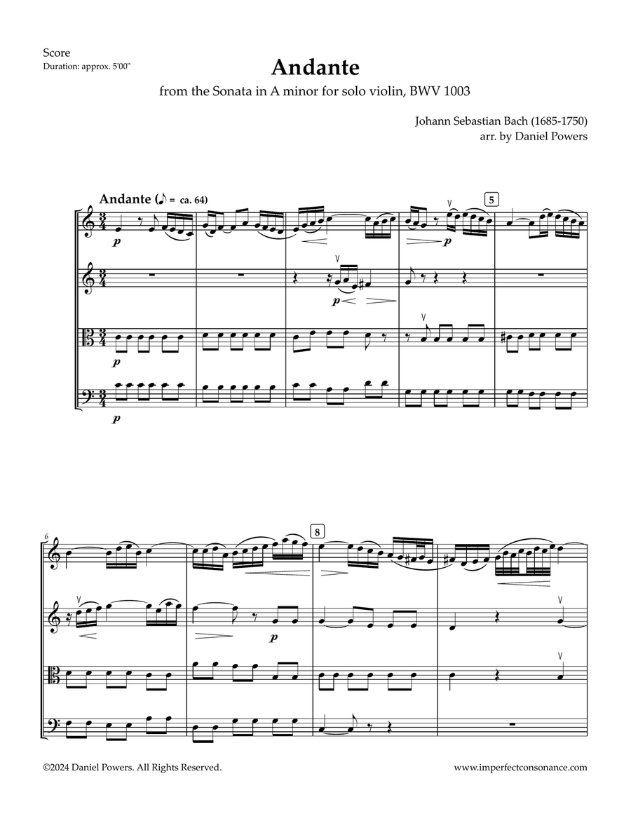 Andante from the Sonata for Solo Violin in A minor String Quartet scores gallery preview page 1