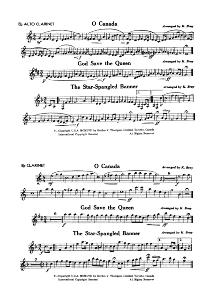 O Canada / God Save the Queen / Star-Spangled Banner: E-flat Alto Clarinet and E-flat Clarinet Concert Band scores gallery preview page 1