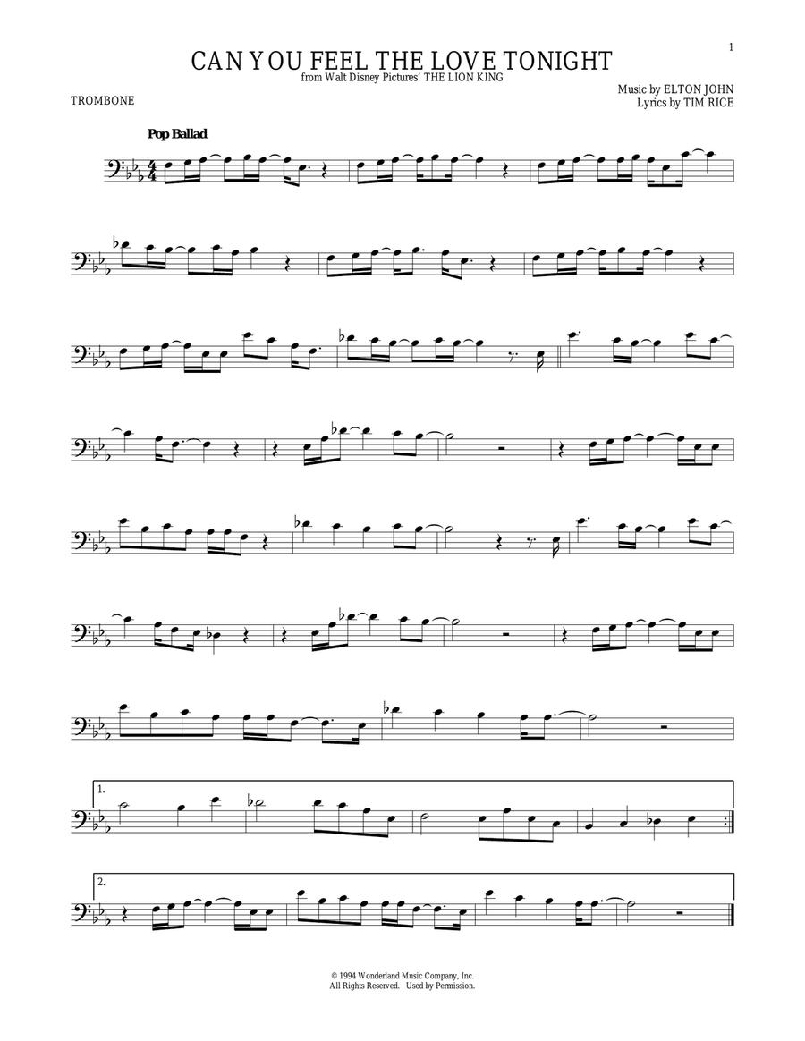 Can You Feel The Love Tonight (from The Lion King) Trombone Solo scores gallery preview page 1