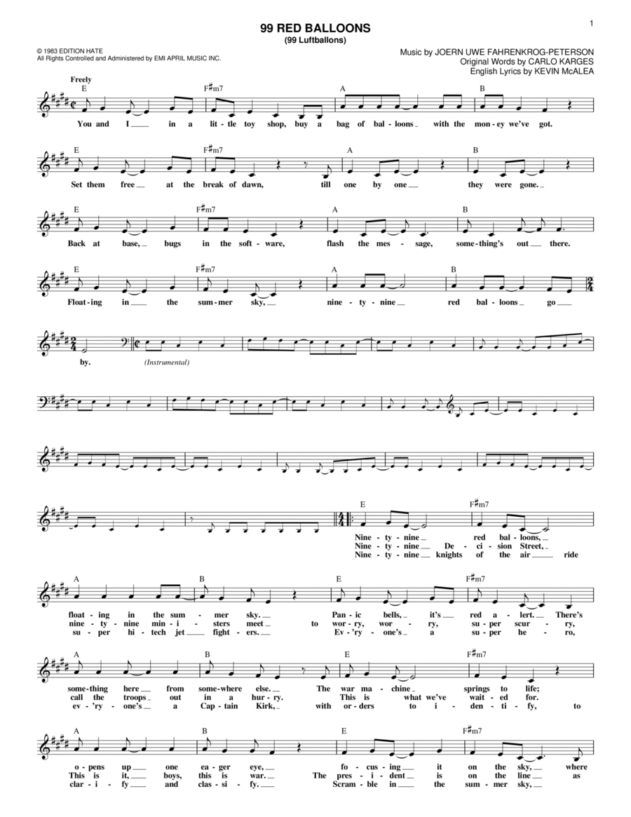 99 Red Balloons (99 Luftballons) Piano scores gallery preview page 1
