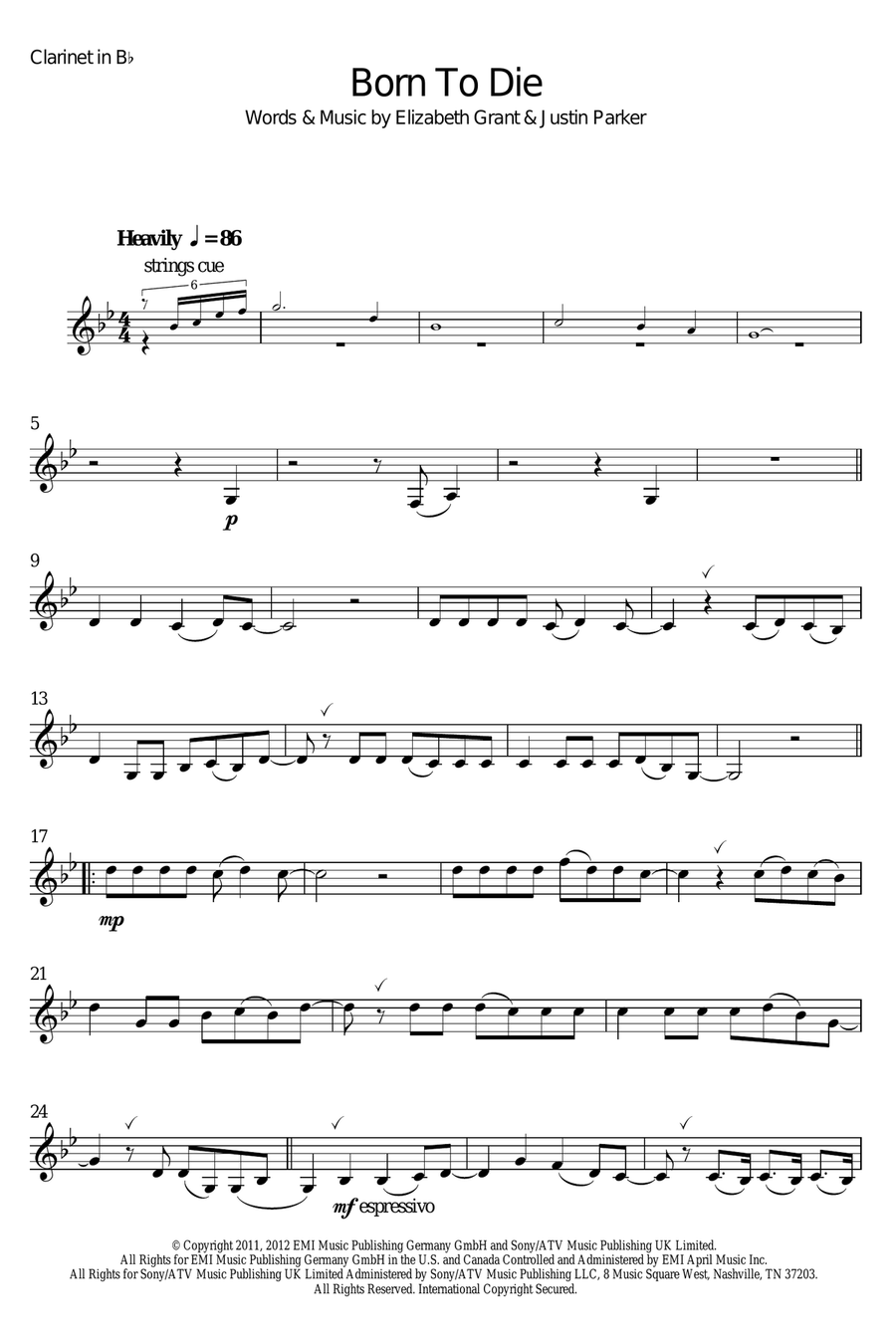 Born To Die Clarinet Solo scores gallery preview page 1