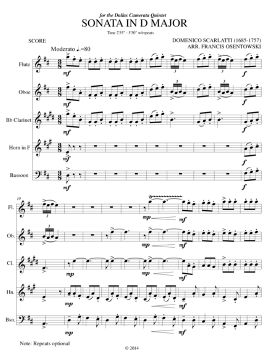 Domenico Scarlatti SONATA IN D MAJOR (K96) for WW. QUINTET Woodwind Quintet scores gallery preview page 1