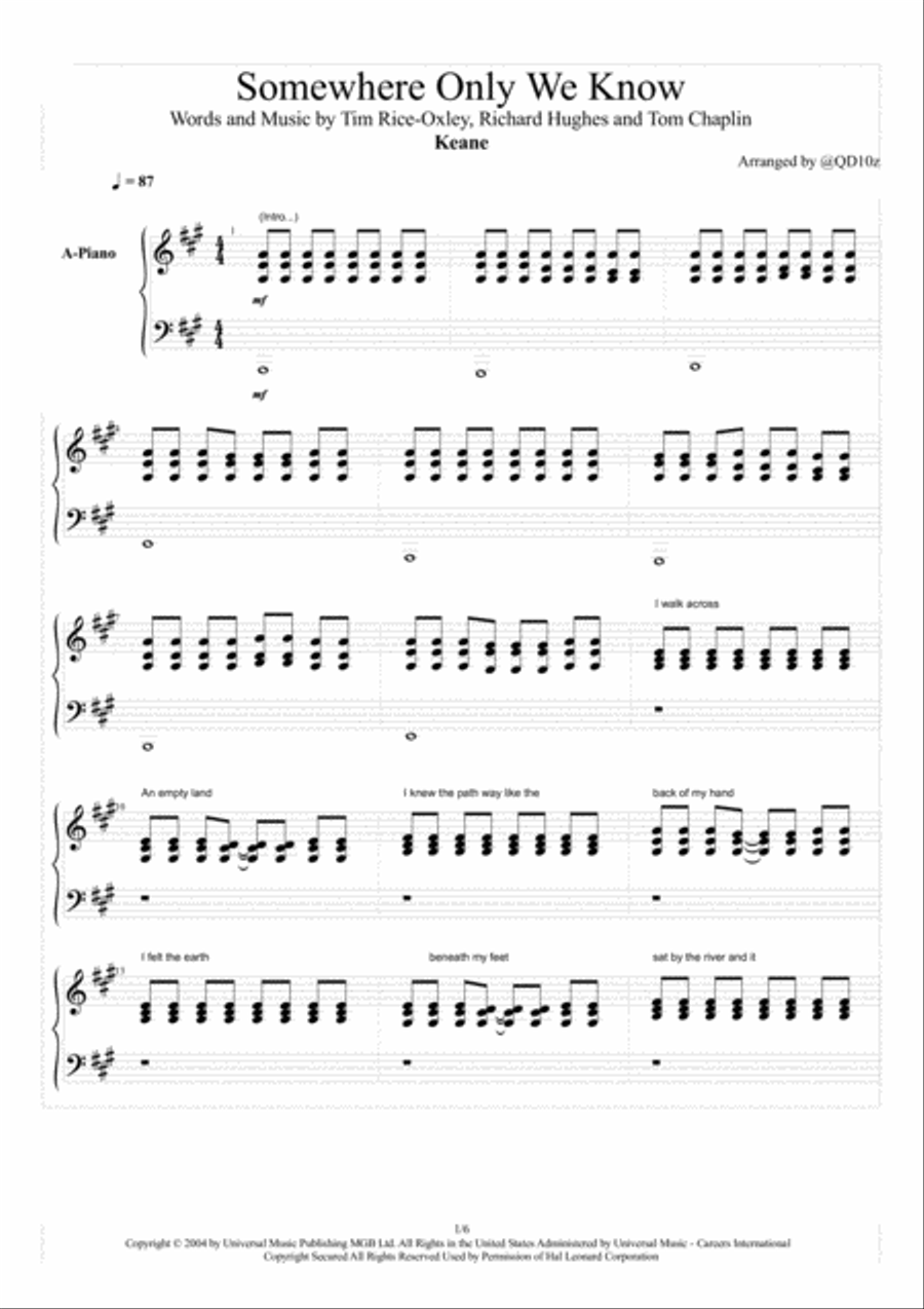 Somewhere Only We Know Easy Piano scores gallery preview page 1
