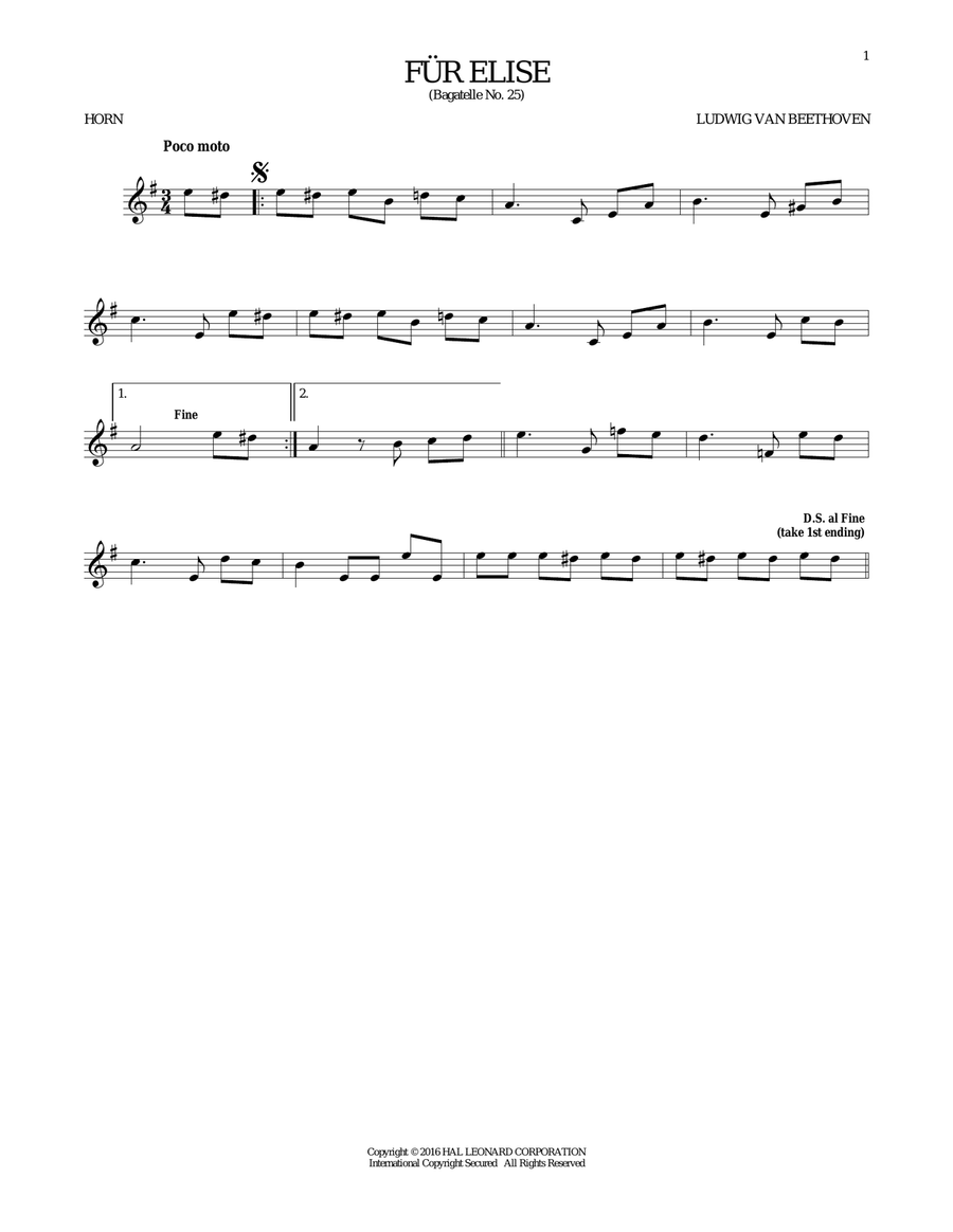 Fur Elise, WoO 59 Horn Solo scores gallery preview page 1