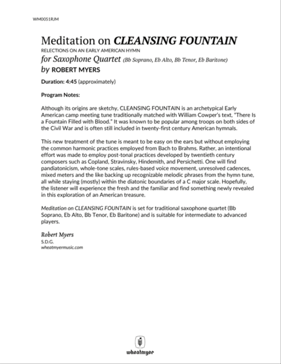 Meditation on CLEANSING FOUNTAIN Woodwind Quartet scores gallery preview page 2