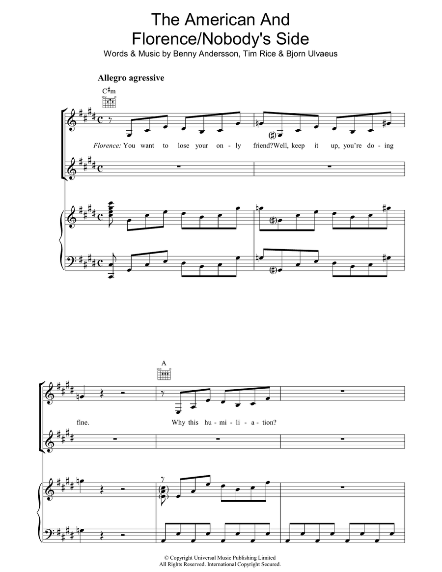 The American And Florence/Nobody's Side Piano, Vocal, Guitar scores gallery preview page 1