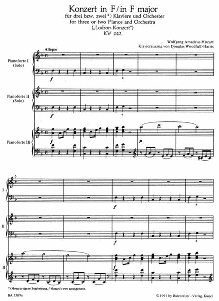 Concerto for three or two Pianos and Orchester No. 7 F major KV 242 'Lodron Concerto'