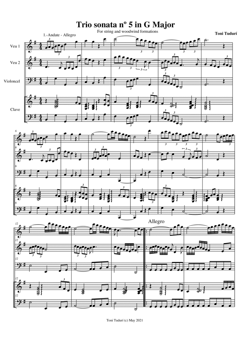 Trio sonata nº5 in G Major for flute, violin & cello or 2 violins & cello and basso continuo (SCORE image number null