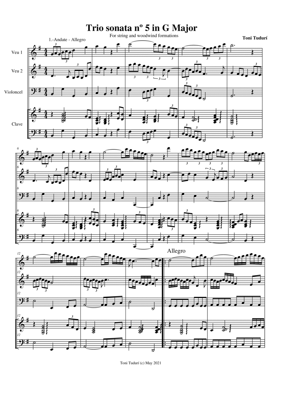 Trio sonata nº5 in G Major for flute, violin & cello or 2 violins & cello and basso continuo (SCORE Small Ensemble scores gallery preview page 1