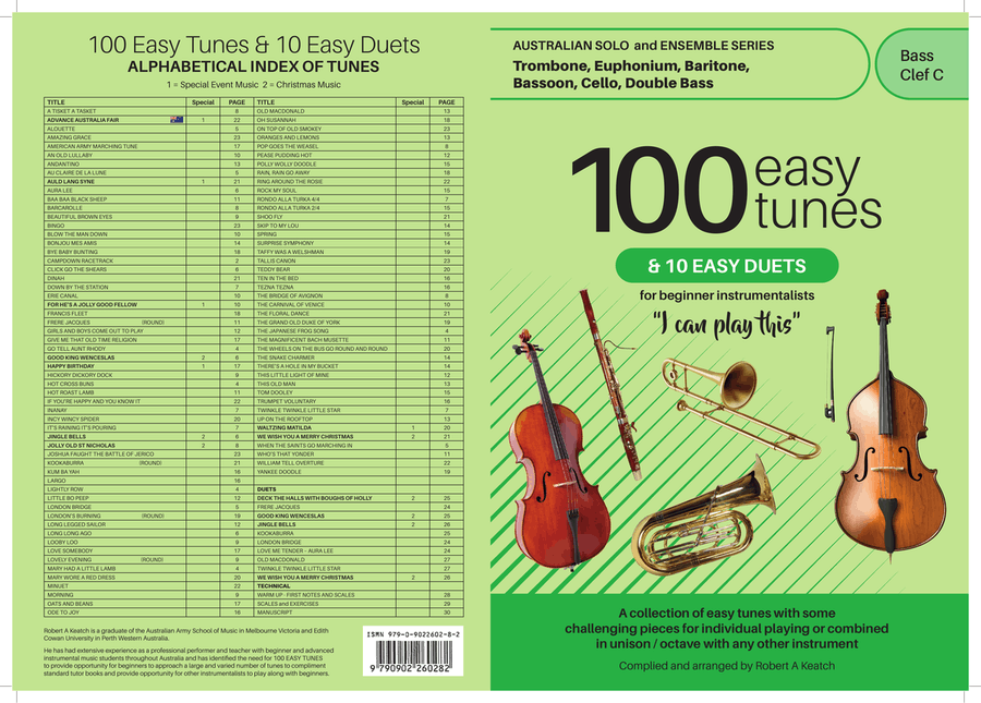 A LEARN TO PLAY. 100 EASY TUNES & 10 DUETS. Beginner DOUBLE BASS and BASS GUITAR in BASS CLEF. Double Bass scores gallery preview page 1