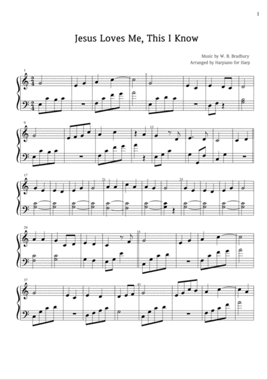 Jesus Loves Me, This I Know - easy harp Harp scores gallery preview page 1