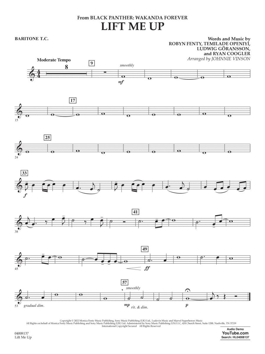 Lift Me Up (from Black Panther: Wakanda Forever) (arr. Vinson) - Baritone T.C.