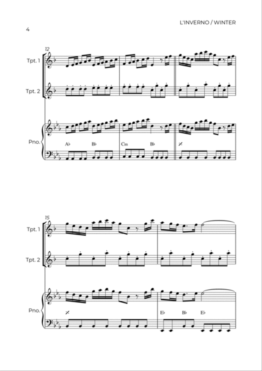WINTER - VIVALDI - BRASS PIANO TRIO (TRUMPET 1, TRUMPET 2 & PIANO) Trumpet Duet scores gallery preview page 4