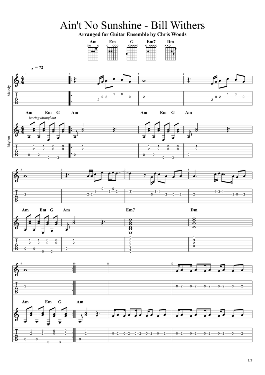 Ain't No Sunshine Guitar Ensemble scores gallery preview page 1