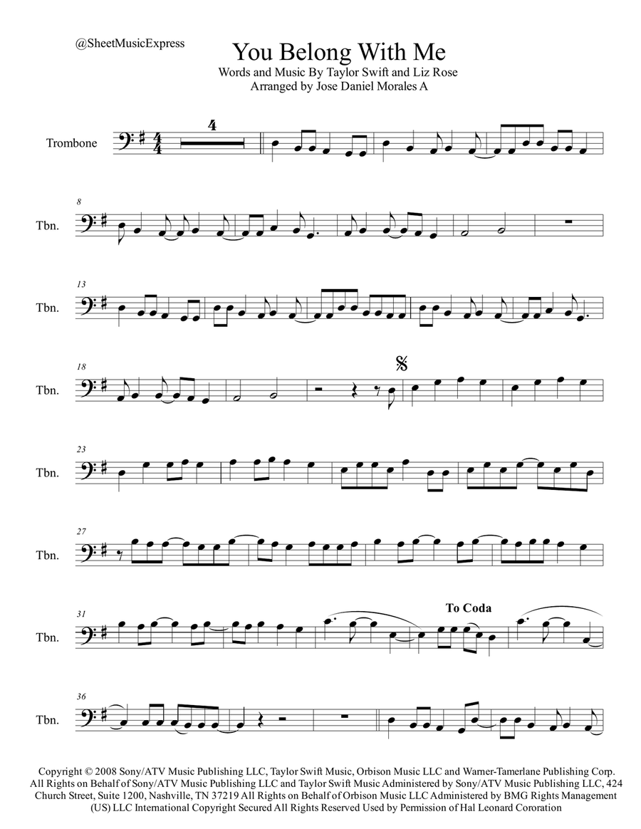 You Belong With Me Trombone Solo scores gallery preview page 1