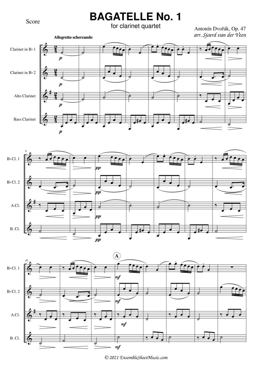 Bagatelle from 5 Bagatelles for Harmonium and Sting Trio, Op. 47 Clarinet Quartet scores gallery preview page 1