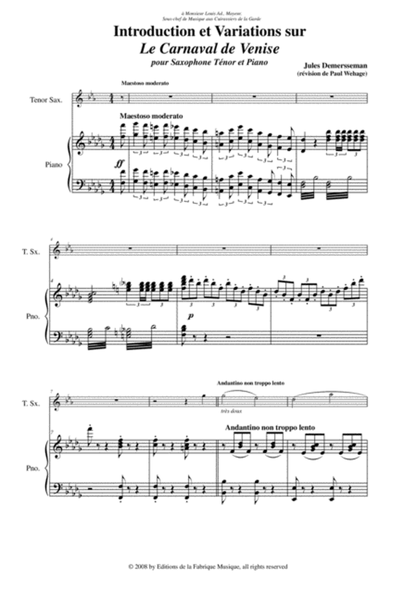 Jules Demersseman - Introduction et Variations sur Le Carnaval de Venise for tenor saxophone and pi