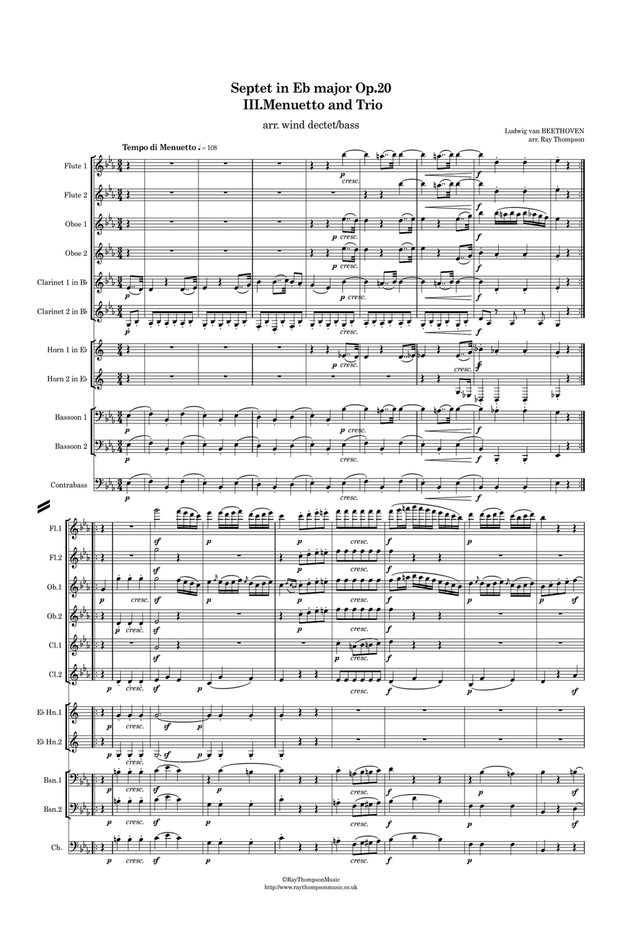 Beethoven: Septet in Eb major Op.20 Mvt.III Menuetto and Trio - wind dectet/bass Large Ensemble scores gallery preview page 2