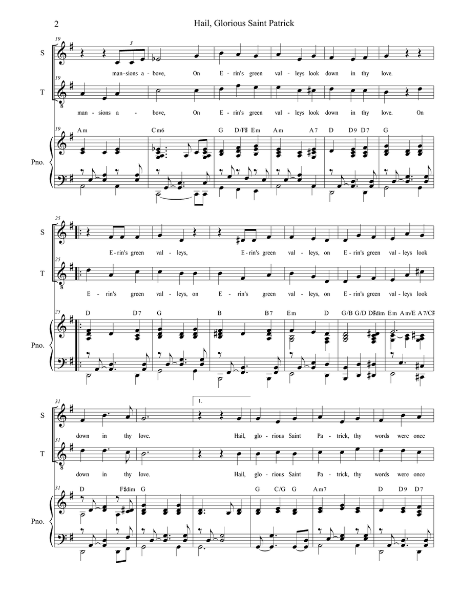 Hail, Glorious Saint Patrick (for 2-part choir - (Soprano and Tenor) 2-Part scores gallery preview page 2
