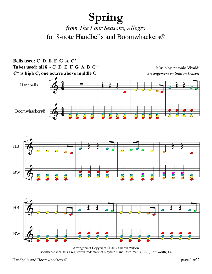 Spring for 8-note Bells and Boomwhackers® (with Color Coded Notes) Handbell Choir scores gallery preview page 4