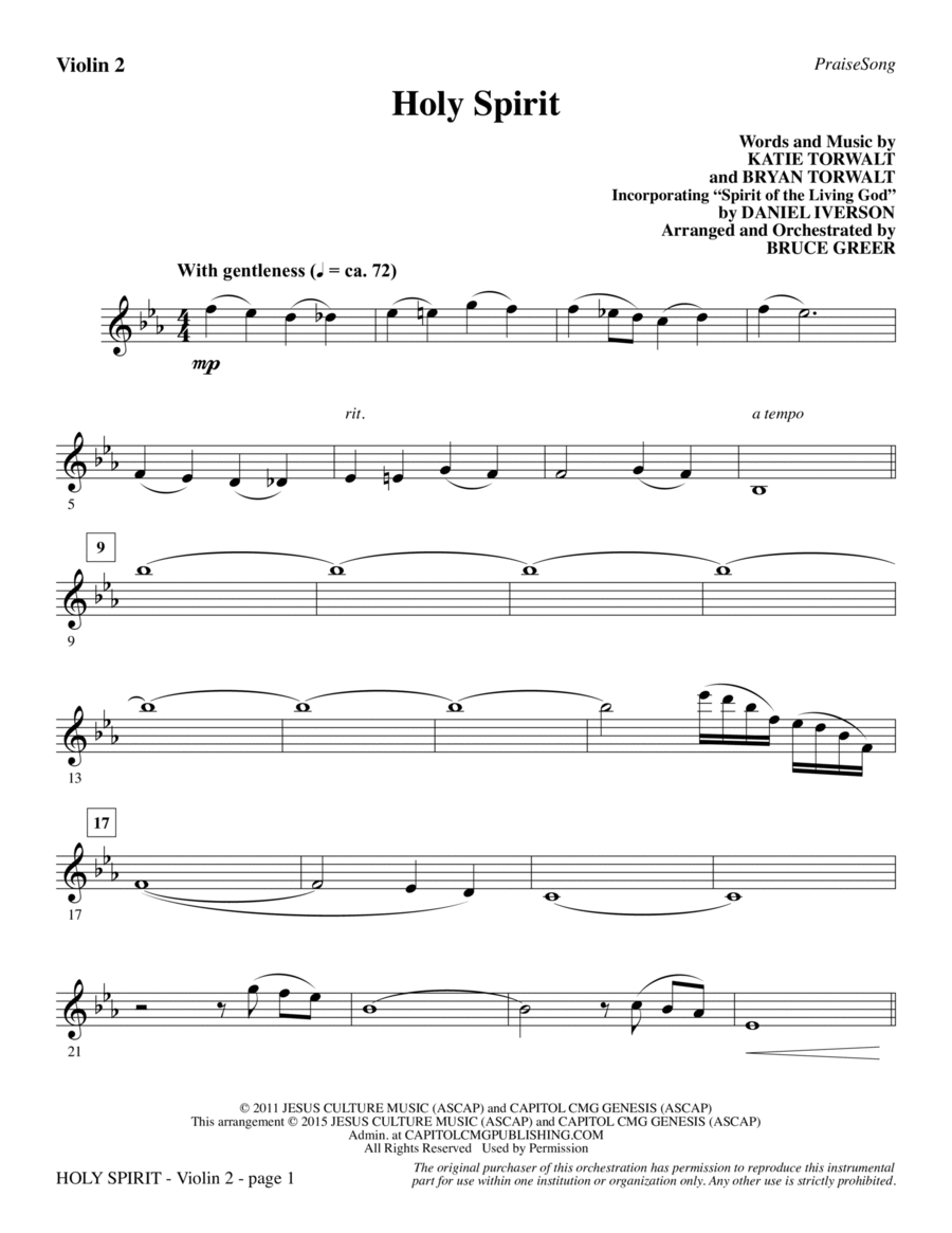 Holy Spirit - Violin 2 Choir scores gallery preview page 1
