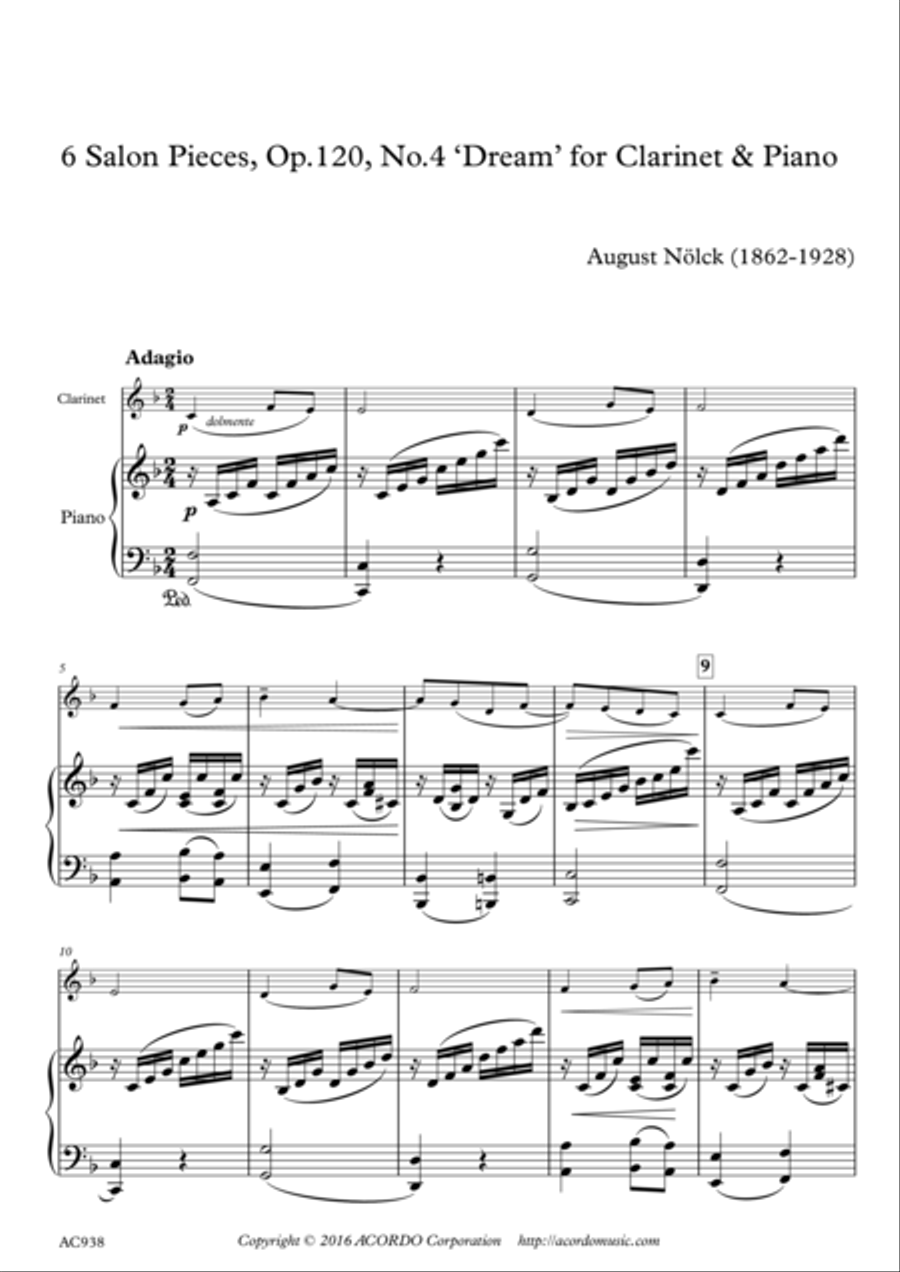 6 Salon Pieces, Op.120, No.4 ‘Dream’ for Clarinet & Piano Clarinet Solo scores gallery preview page 1